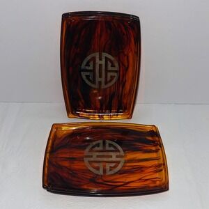 Vtg MCM Faux Tortoiseshell Lucite Acrylic Trays Set of 4 Asian Shou Emblem 7x5